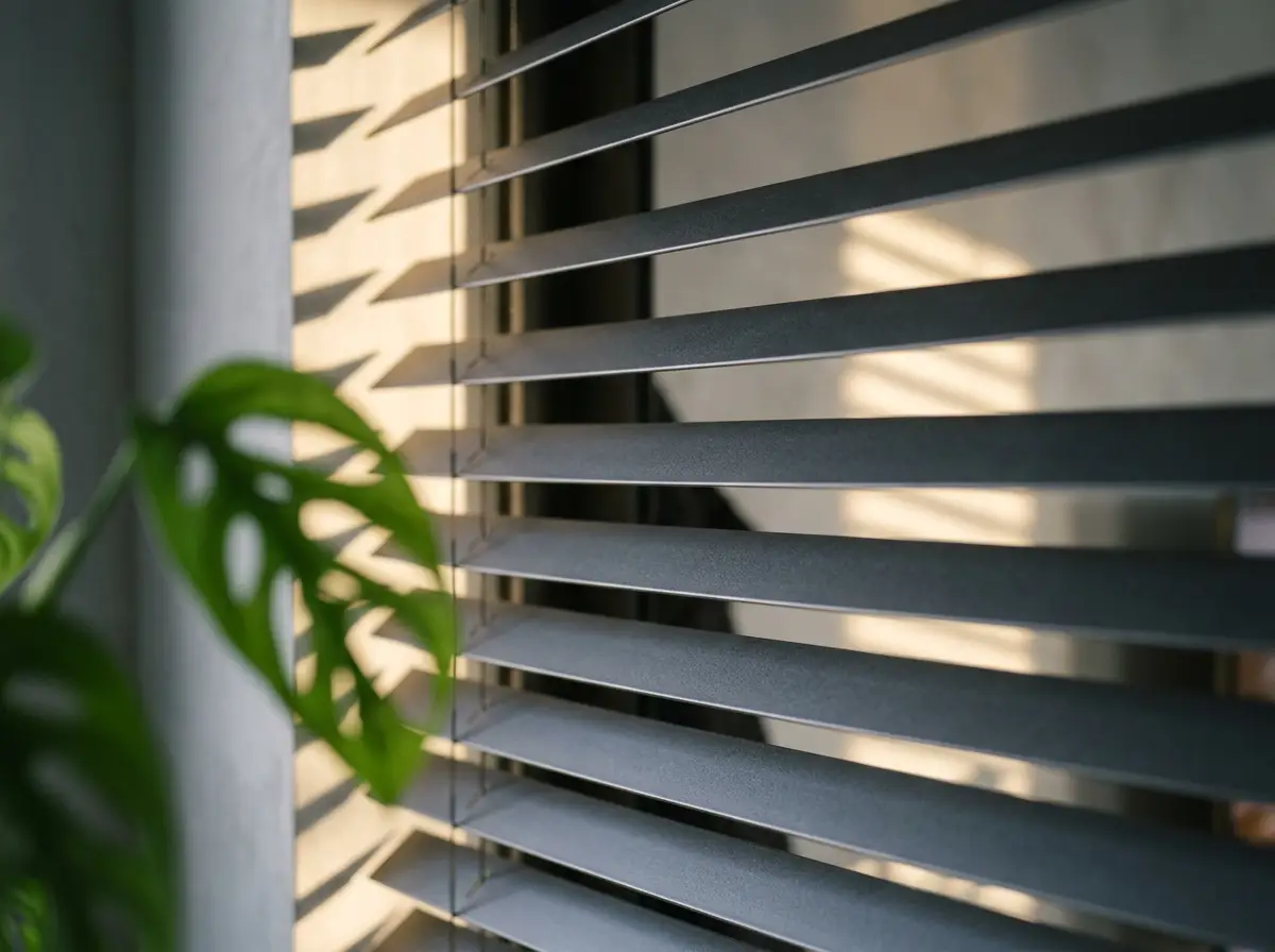 Close-up detail of blind fabric texture and headrail hardware