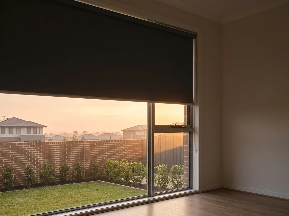 A single smooth flat blockout roller blind, one seamless opaque sheet on a tube with no folds or slats, lowered part-way over an east-facing Raslouw bedroom window at sunrise, with a manicured garden and estate boundary wall beyond the glass