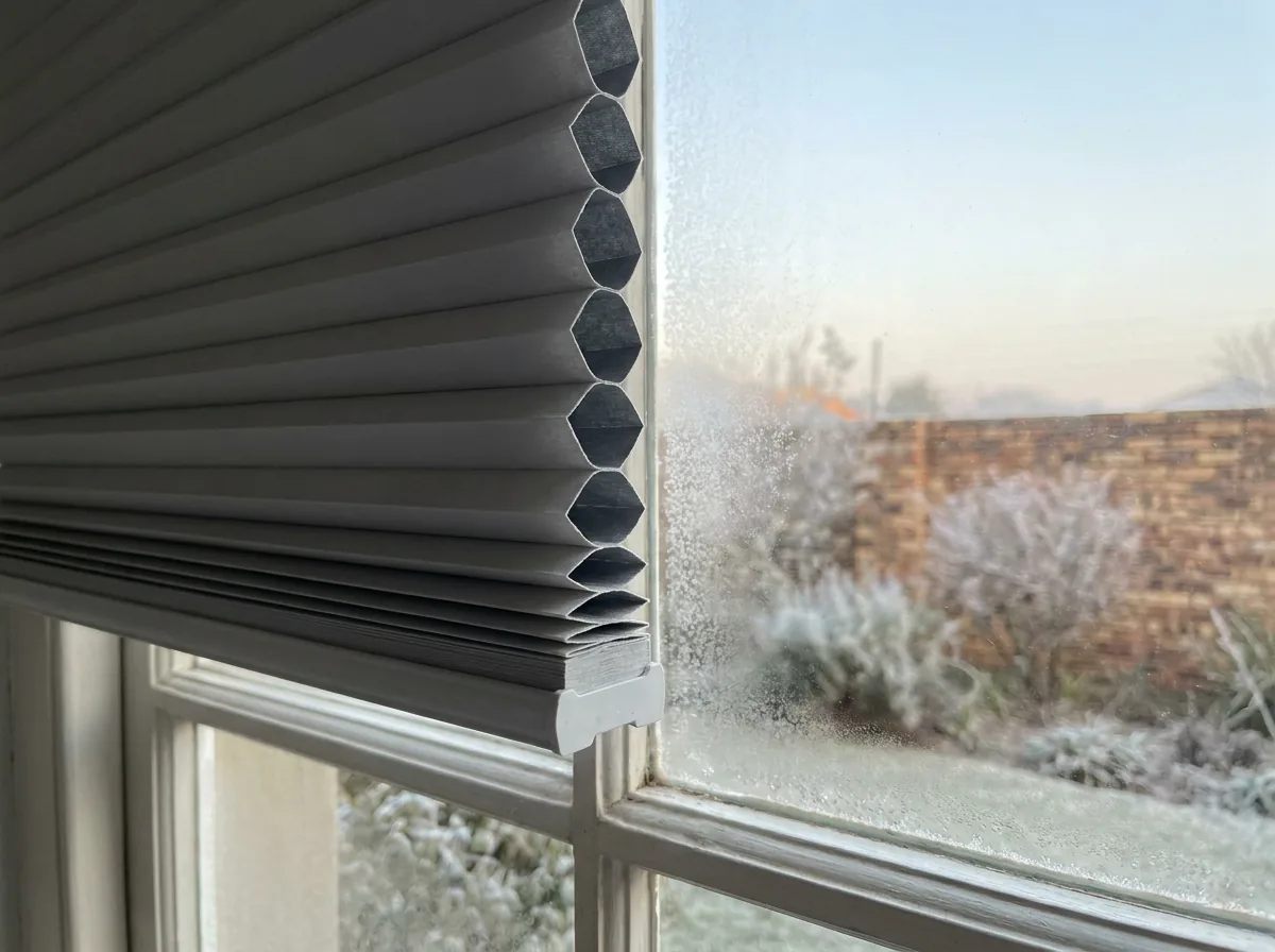 Close view of a cellular honeycomb blind half raised at a window, its concertina of hexagonal air cells clearly visible edge-on between two fabric faces, with a frosted Highveld winter garden and estate wall softly out of focus beyond the glass