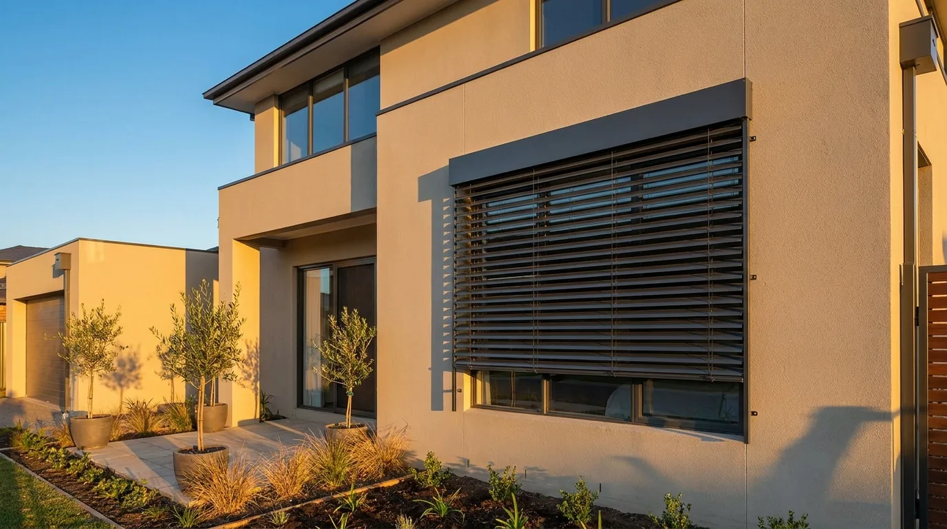An external aluminium venetian blind mounted outside a west-facing window of a rendered double-storey Raslouw estate home, wide slats in slim side guide rails tilted against a low late-afternoon sun, a small paved patio and young garden plants below