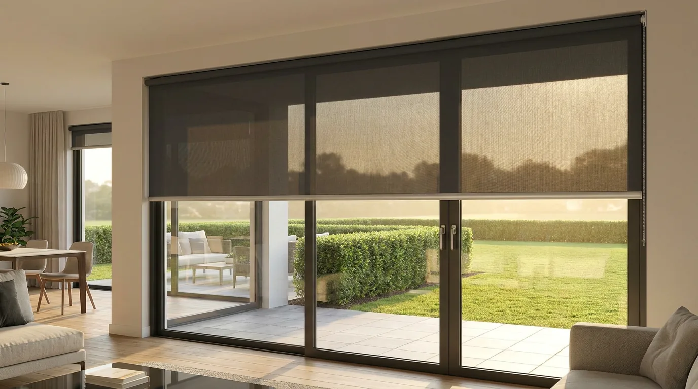 A single flat open-weave sunscreen roller blind, no folds, lowered part-way across full-height glass sliding doors in a Raslouw estate living room, with a paved patio, a clipped hedge and a manicured Highveld estate lawn glowing in late-afternoon sun beyond