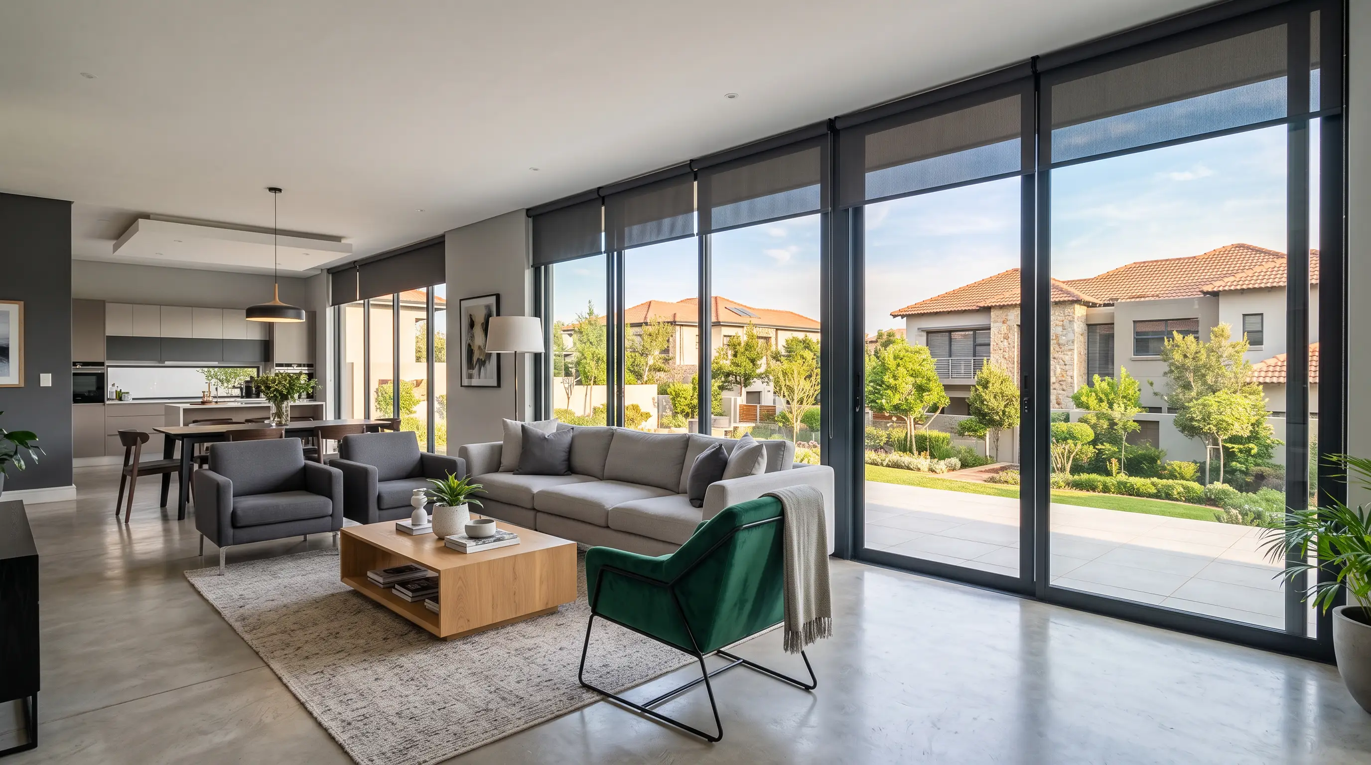Motorised roller blinds on large windows in a modern Raslouw estate home living area